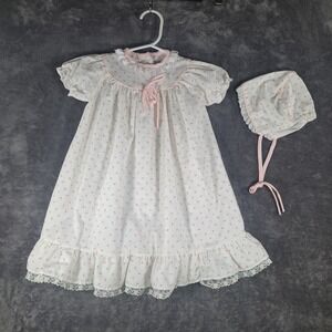 VTG Alexis White w/ Pink Rosebud Dress Gown & Bonnet Baby Girl 3 Month Girly USA